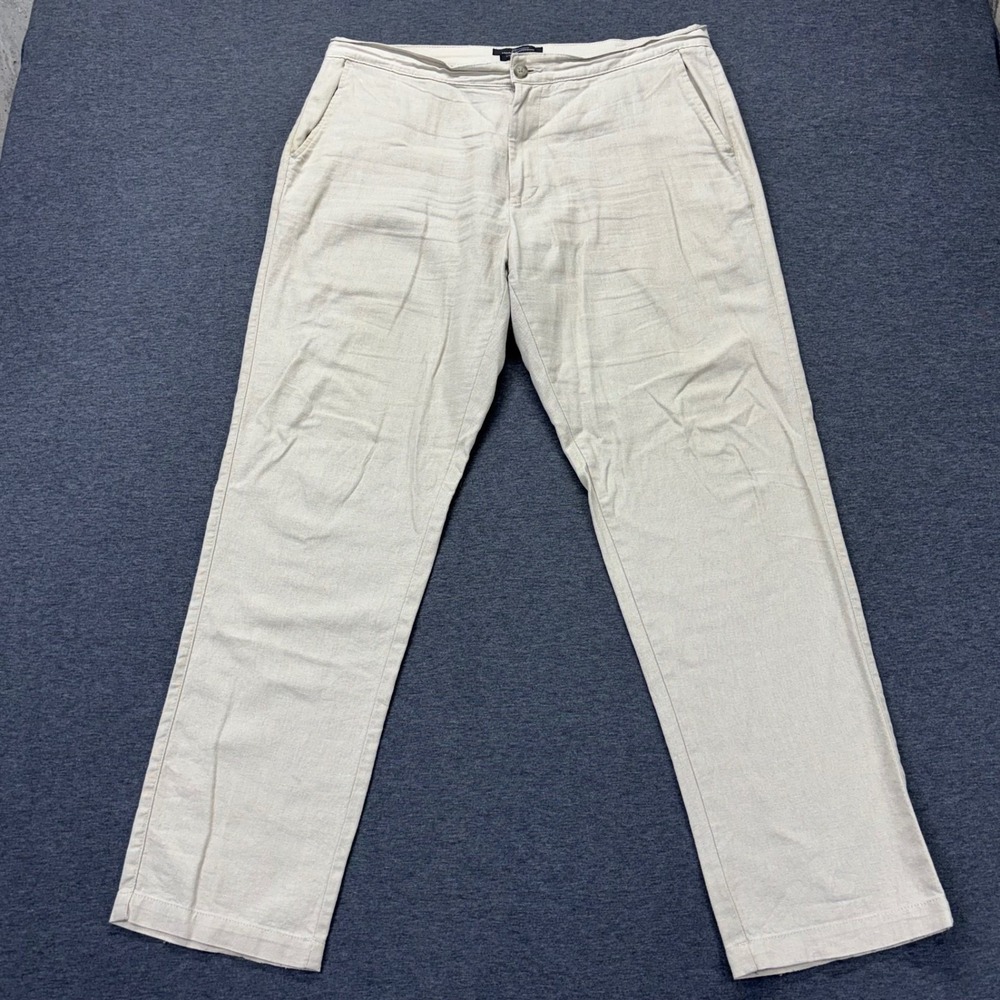 Marc Anthony Pants Mens 36x32 Linen Blend Slim Fit Beige Drawstring Flat Front